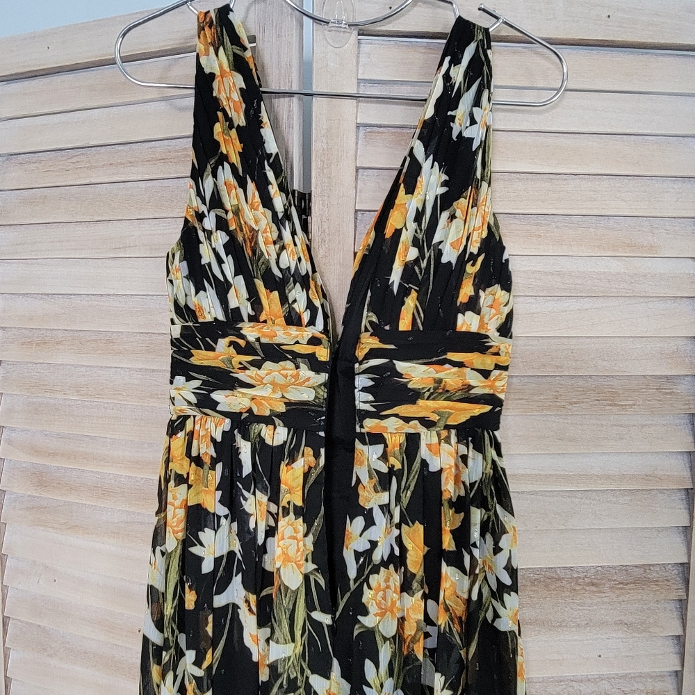 Aidan by Aidan Mattox Floral Yellow Black Maxi Long Dress Wedding Formal size 0 - Picture 4 of 5